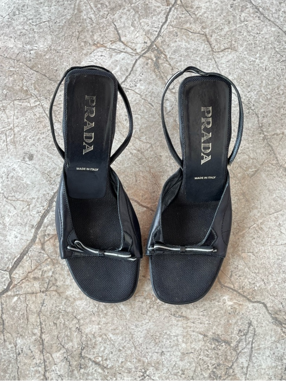 PRADA S/S 2000 Archive Mesh Bow Slingback Kitten Heel Sandals
